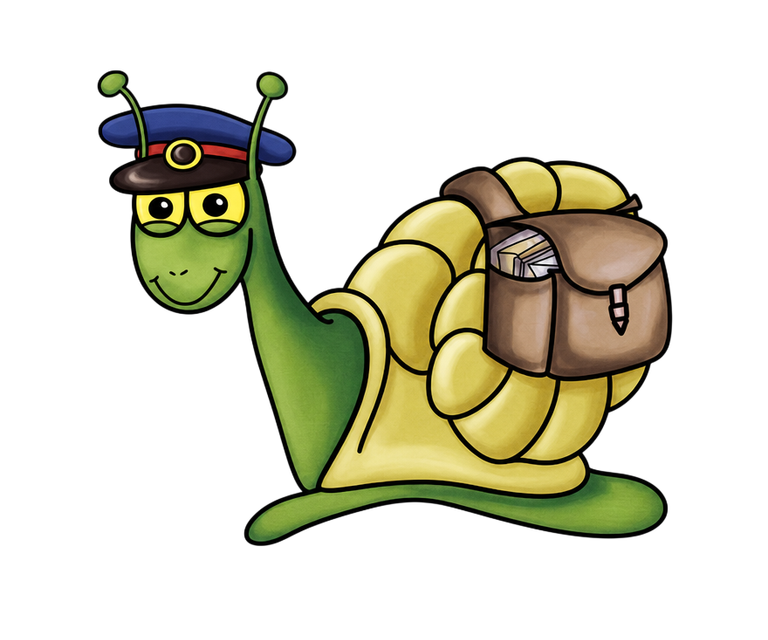 Sunny the Mail Snail carrying his mailbag